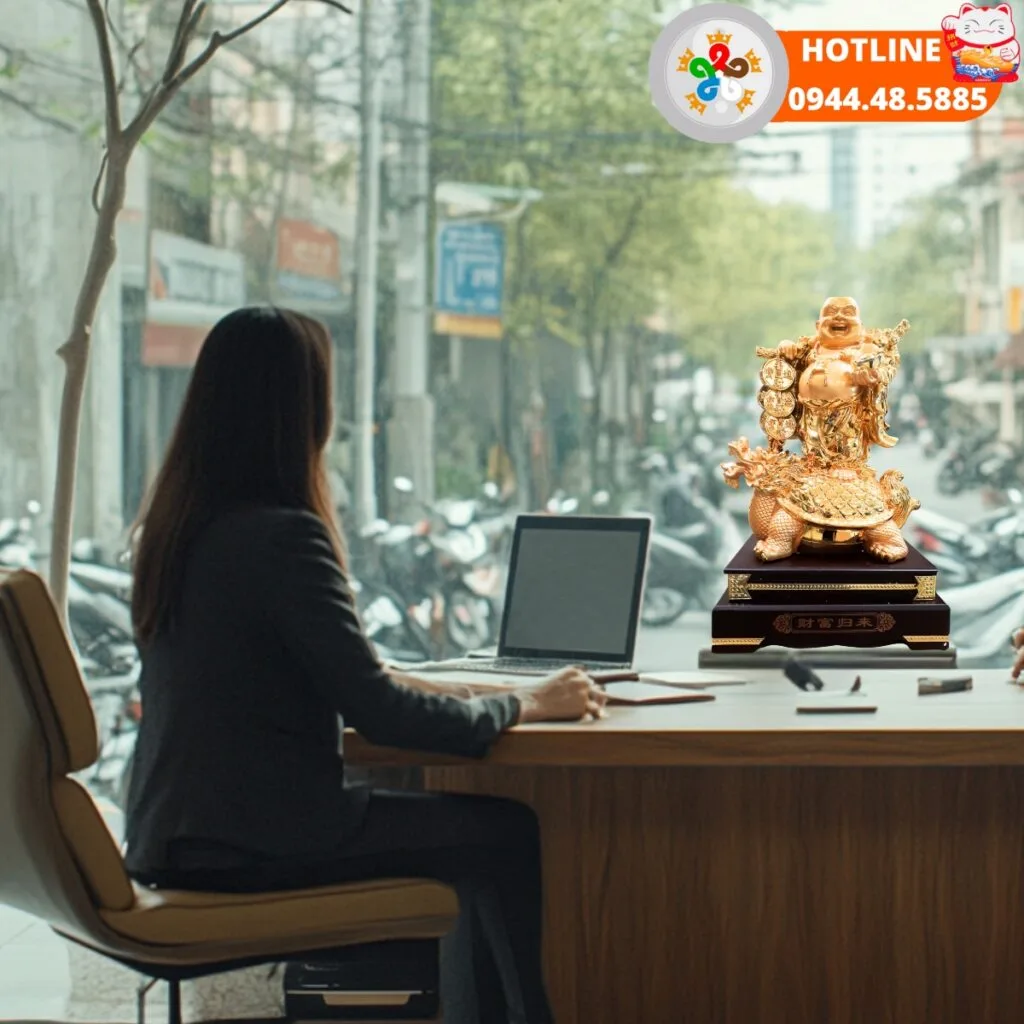 Phật Di Lặc ngự long quy cao 60cm P01 Phật Di Lặc ngự long quy đặt trong không gian làm việc văn phòng