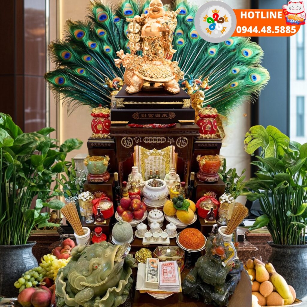 Phật Di Lặc ngự long quy cao 60cm P01 Phật Di Lặc ngự long quy đặt trong không gian ban thờ thần tài