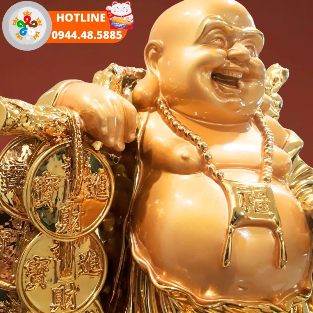 Phật Di Lặc ngự long quy cao 60cm P01 Phật Di Lặc ngự long quy với tạo hình hạnh phúc, màu sắc vàng bóng