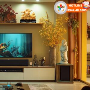 Tượng Phật di lặc kéo túi vàng tài lộc P02 tượng phật di lặc kéo túi vàng đặt tại không gian phòng khách