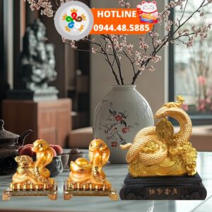 tượng rắn vàng phong thuỷ đế giả gỗ và đế kính mini trên bàn cổ điển