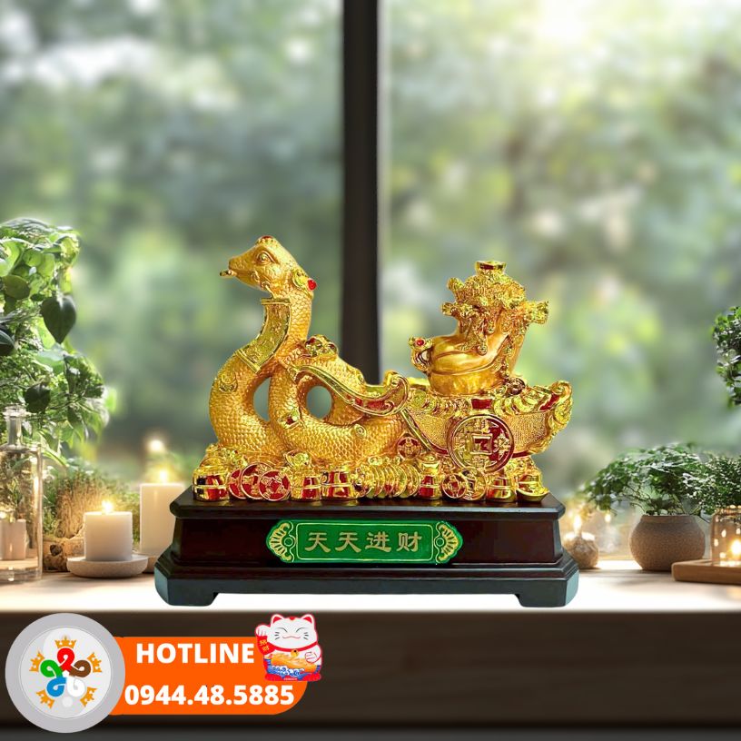 Tượng rắn phong thuỷ kéo xe bắp cải vàng 3
