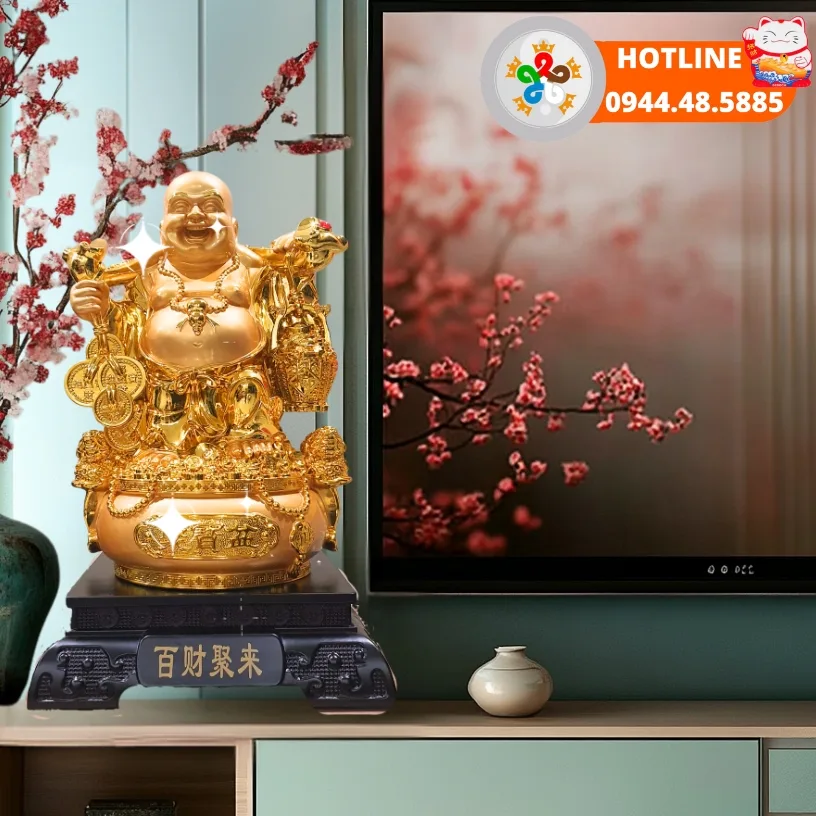 Tượng Phật Di Lặc mạ vàng ngũ phúc trong phòng khách