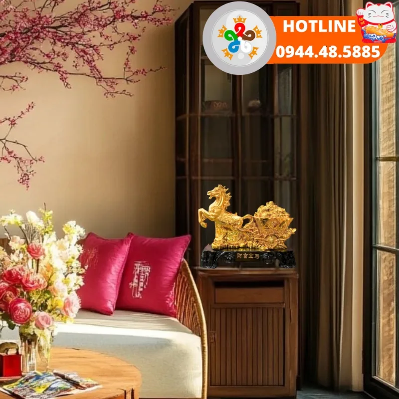tượng phong thủy ngựa mã đáo thành công mạ si vàng kéo thuyền tài lộc